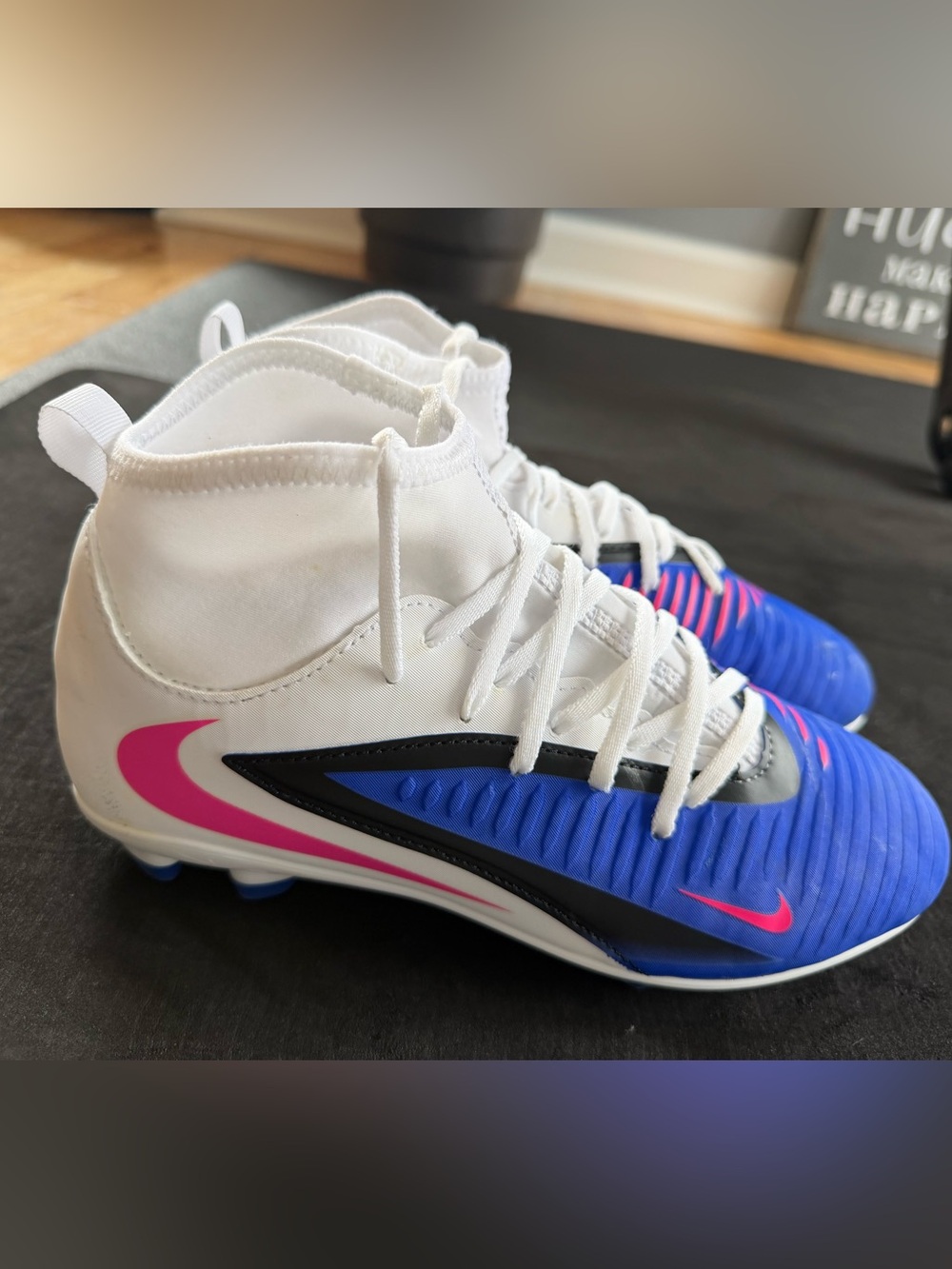 Nike Phantom Youth White Blue Soccer Outdoor Cleats with Pink and Black Details